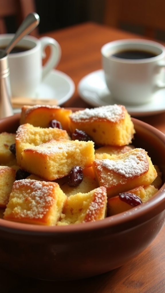 Grandma A bowl of golden brown bread pudding dusted with powdered sugar, served with raisins, on a rustic wooden table.